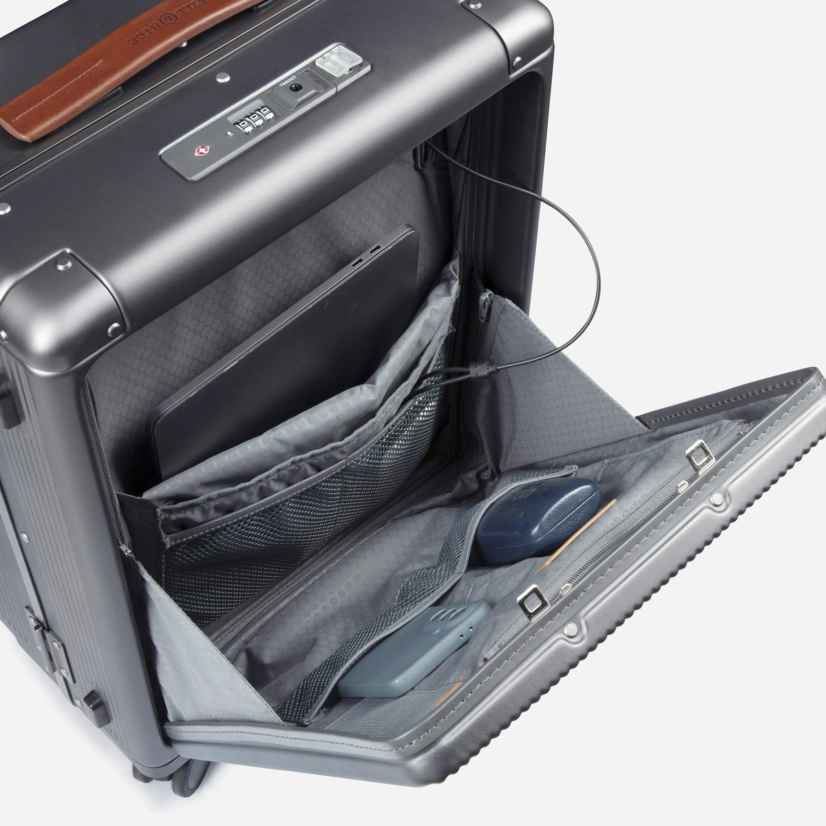 Carry-on suitcase front laptop compartment open, showing organiser pockets