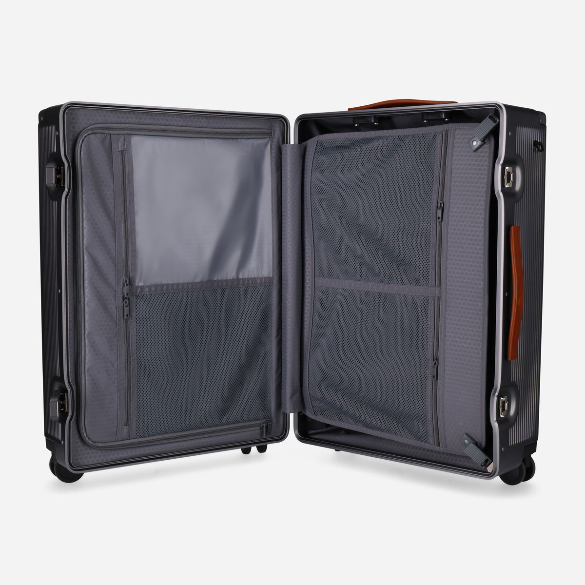 Medium Check-In suitcase opened flat, showing the grey lined compartments and mesh divider