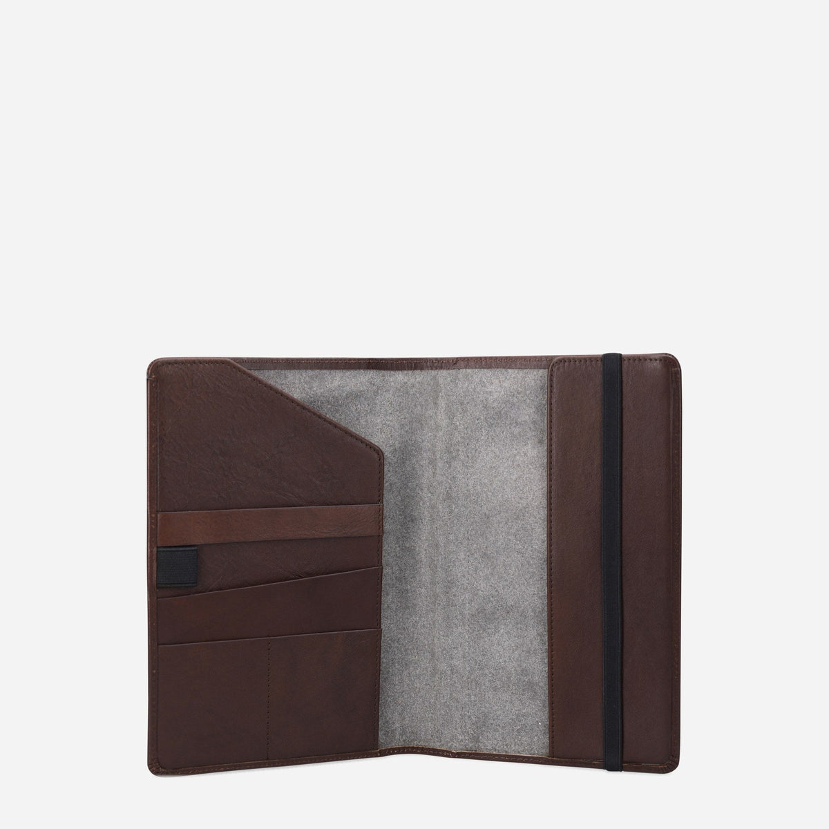 Mocha A5 Notebook Cover open, showing the inner pocket and elastic pen strap