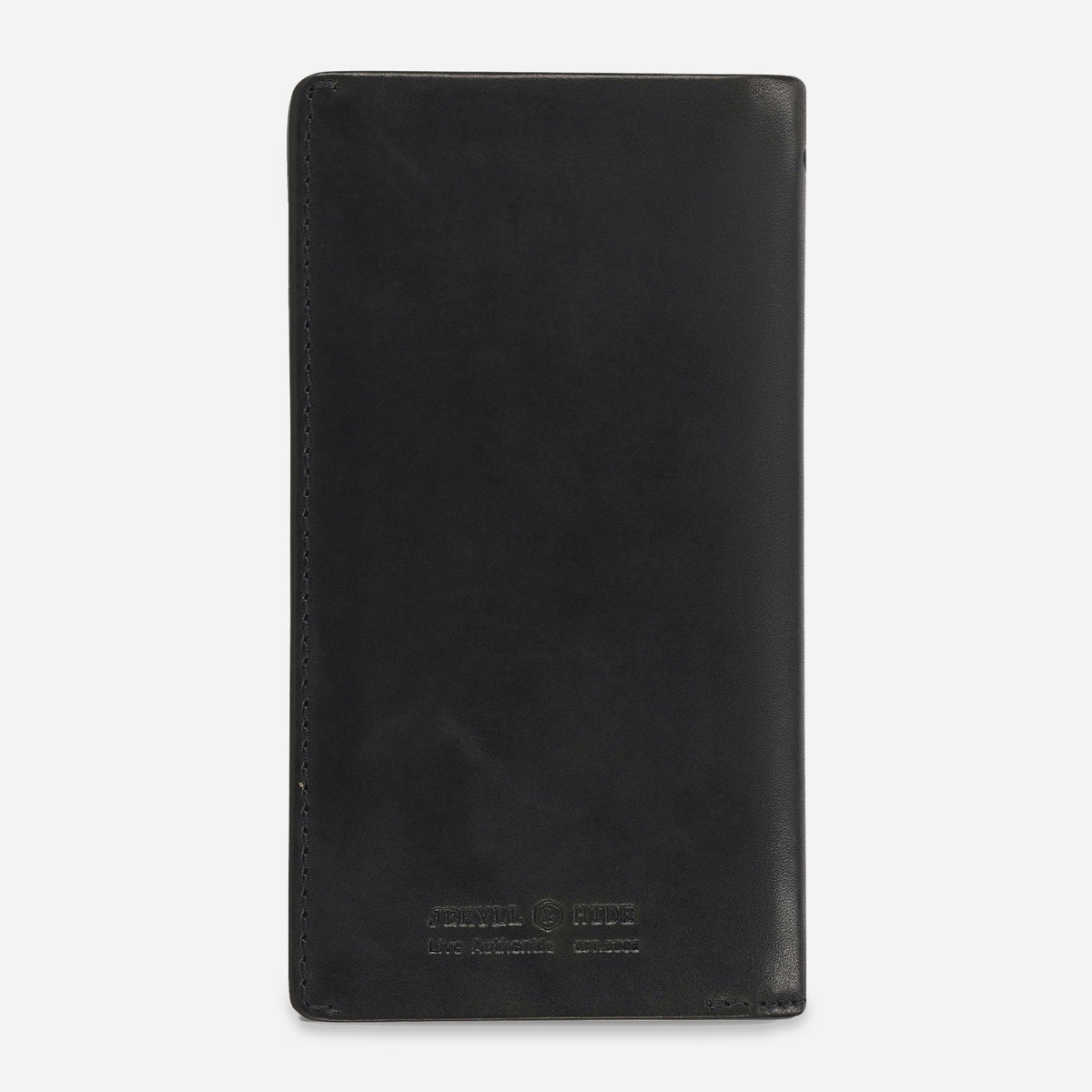 Back of the black leather Travel Wallet with debossed Jekyll & Hide wordmark