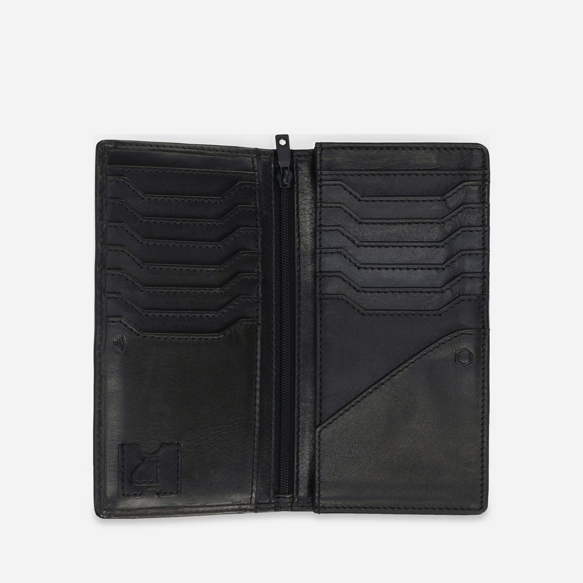 Black leather Travel Wallet open flat, showing twelve card slots, a central zip pocket and a document sleeve