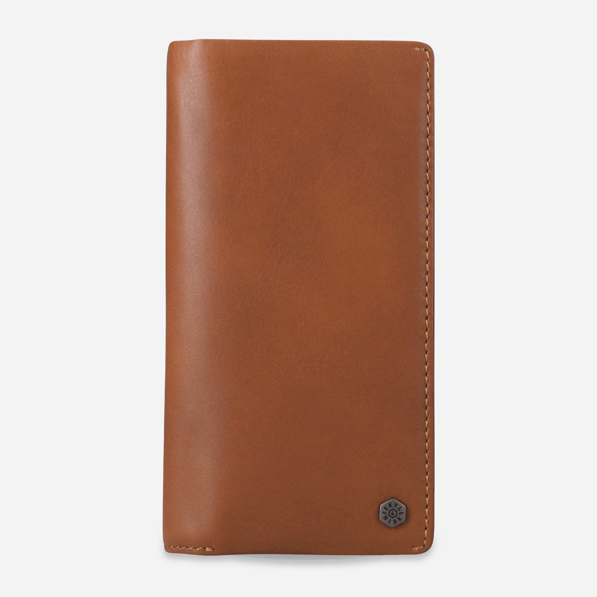 Jekyll & Hide Travel Wallet in tan leather, front view with hexagonal metal logo badge