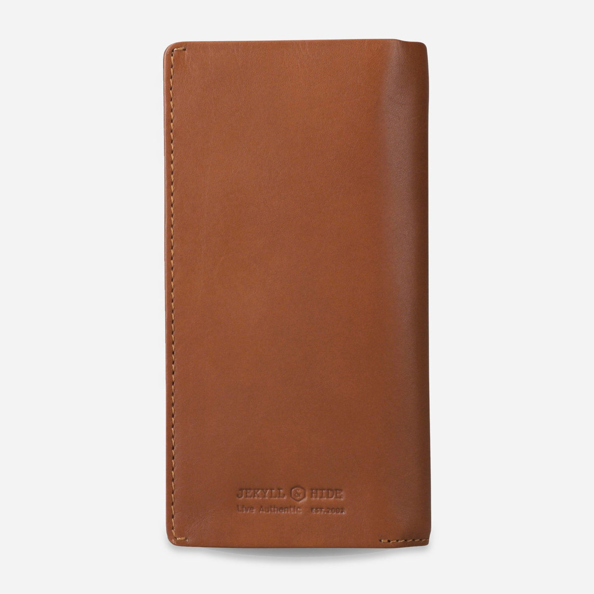Back of the tan leather Travel Wallet with debossed Jekyll & Hide wordmark