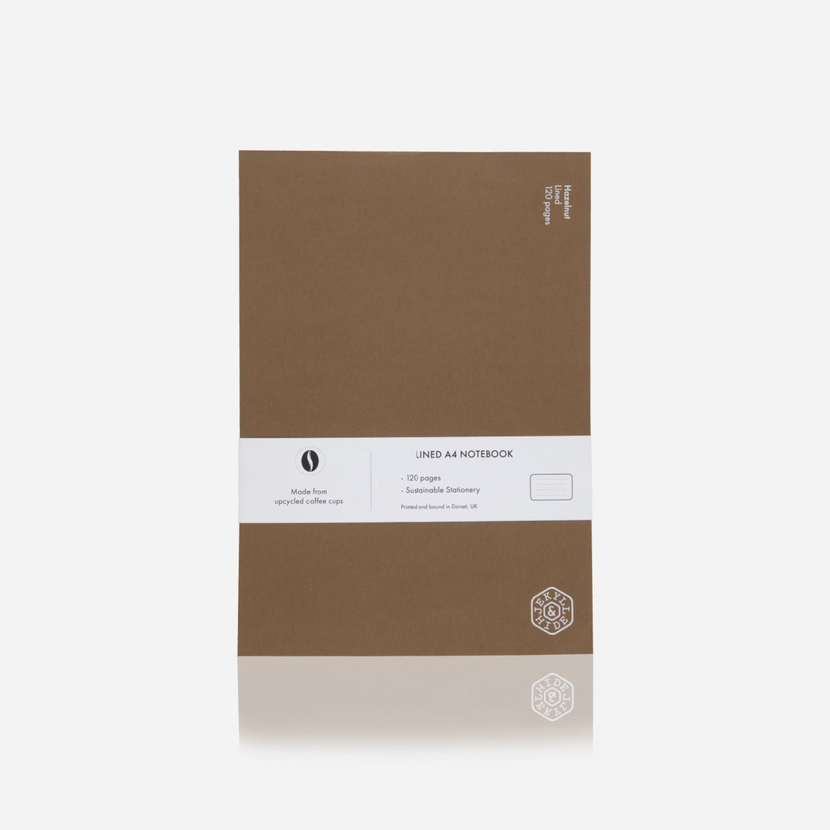 Jekyll & Hide A4 Notebook in Hazel brown with lined pages and a white belly band, front view