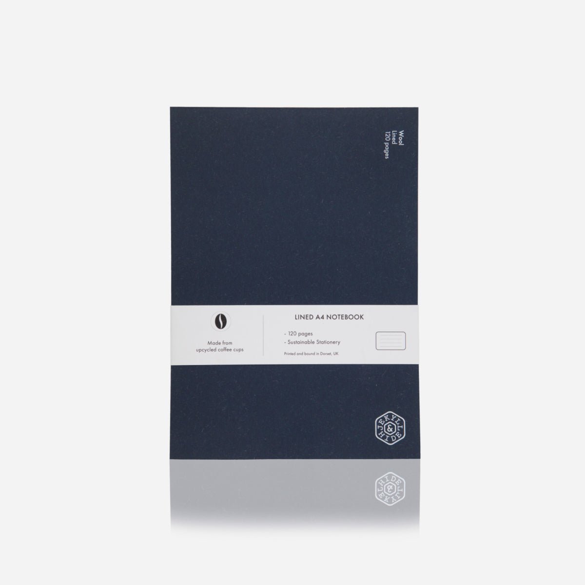 Jekyll & Hide A4 Notebook in navy with lined pages and a white belly band, front view