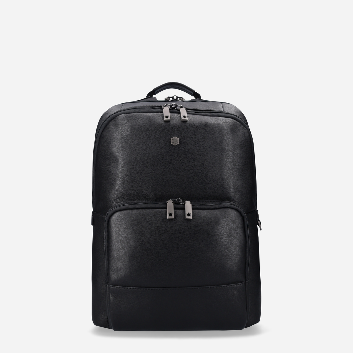 Black leather laptop backpack, front view with zip pocket