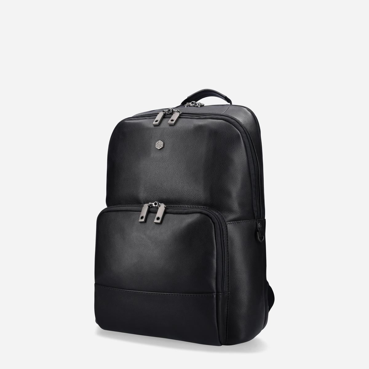 Black leather laptop backpack, side view