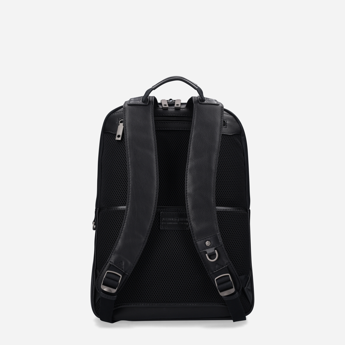 Back of the black leather backpack showing padded straps