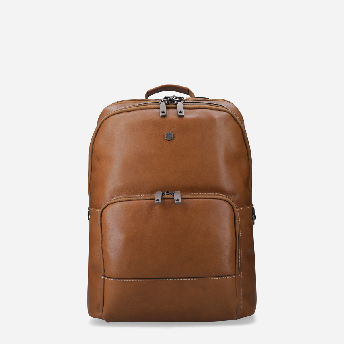 Tan leather laptop backpack, front view with zip pocket