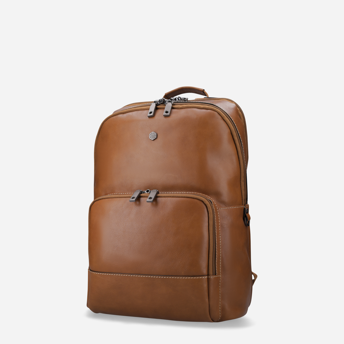 Tan leather laptop backpack, side view
