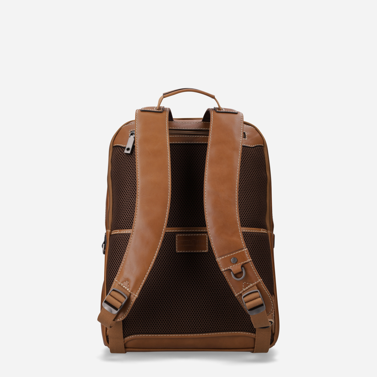 Back of the tan leather backpack showing padded straps