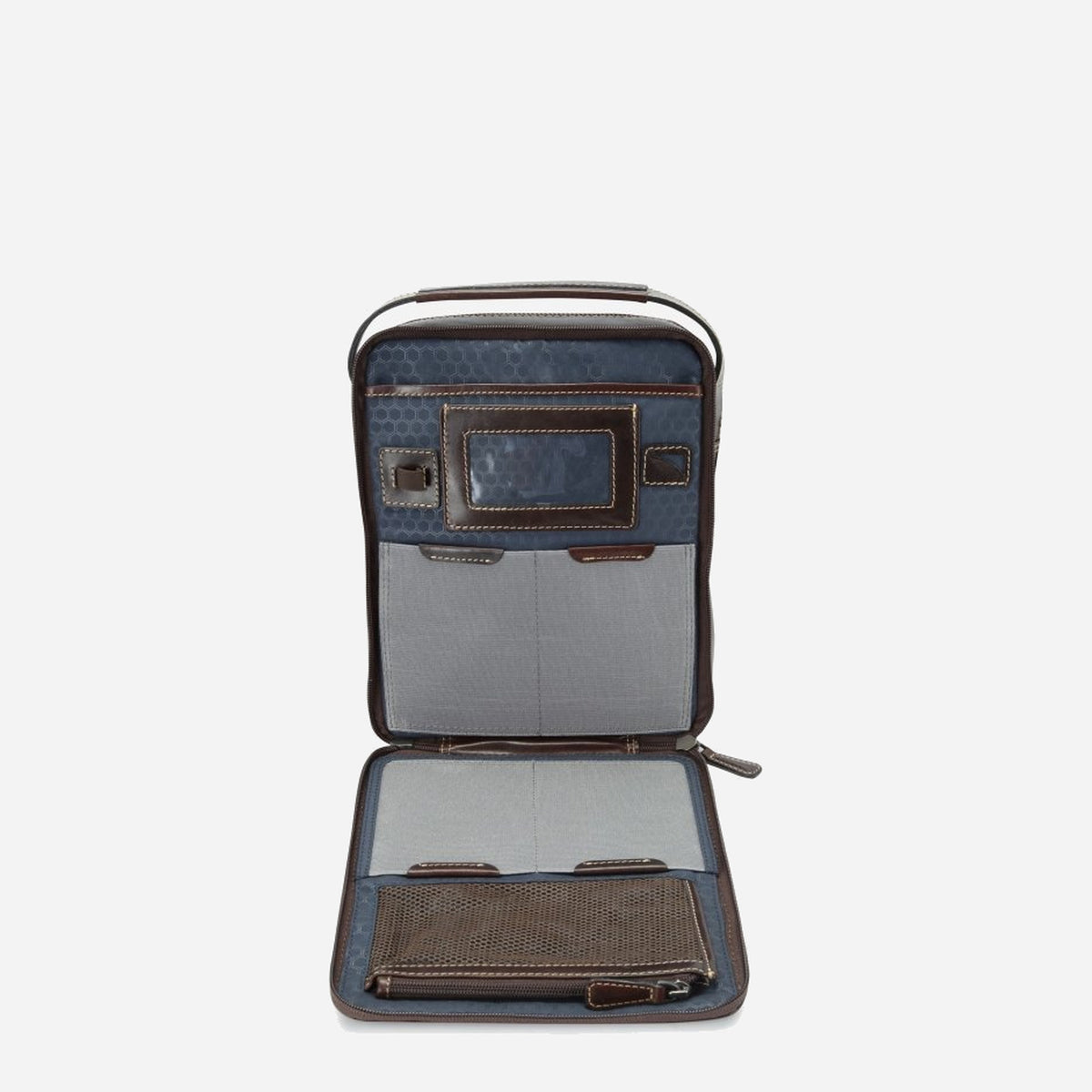 Mocha Crossbody Organiser opened flat, showing an ID window, organiser panel and grey padded sleeve