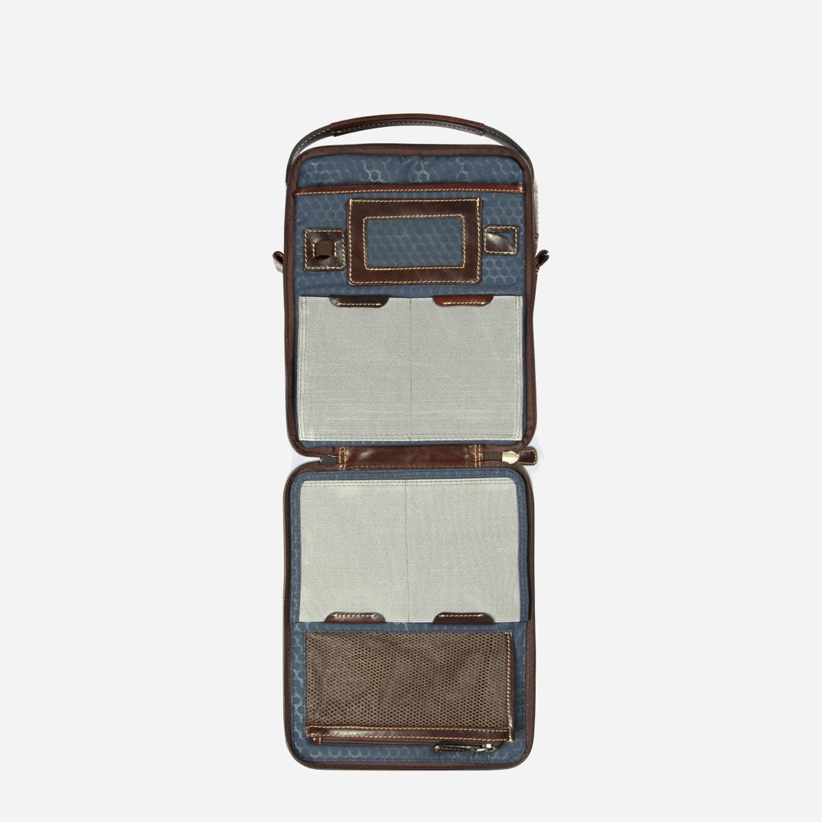Mocha Crossbody Organiser opened out, showing its denim-blue lined organiser pockets