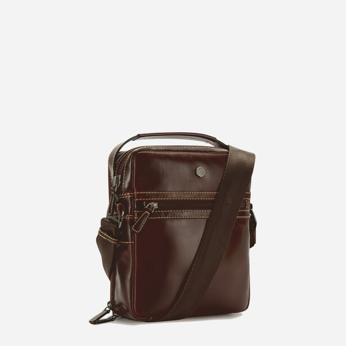 Three-quarter view of the Mocha leather Crossbody Organiser with shoulder strap