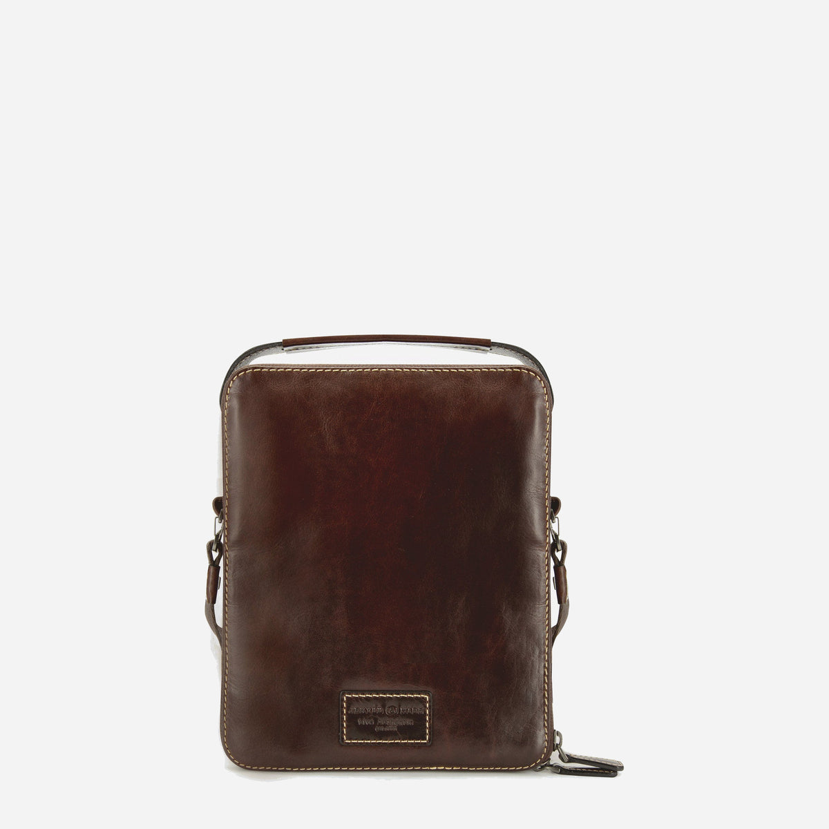 Back of the Mocha leather Crossbody Organiser with brand plaque