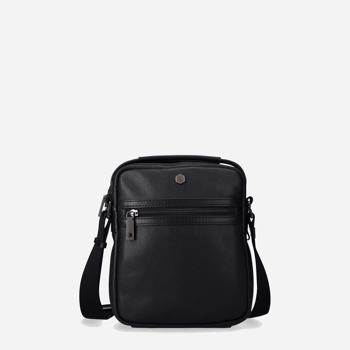 Jekyll & Hide Crossbody Organiser in black leather, front view with zip pocket and top handle