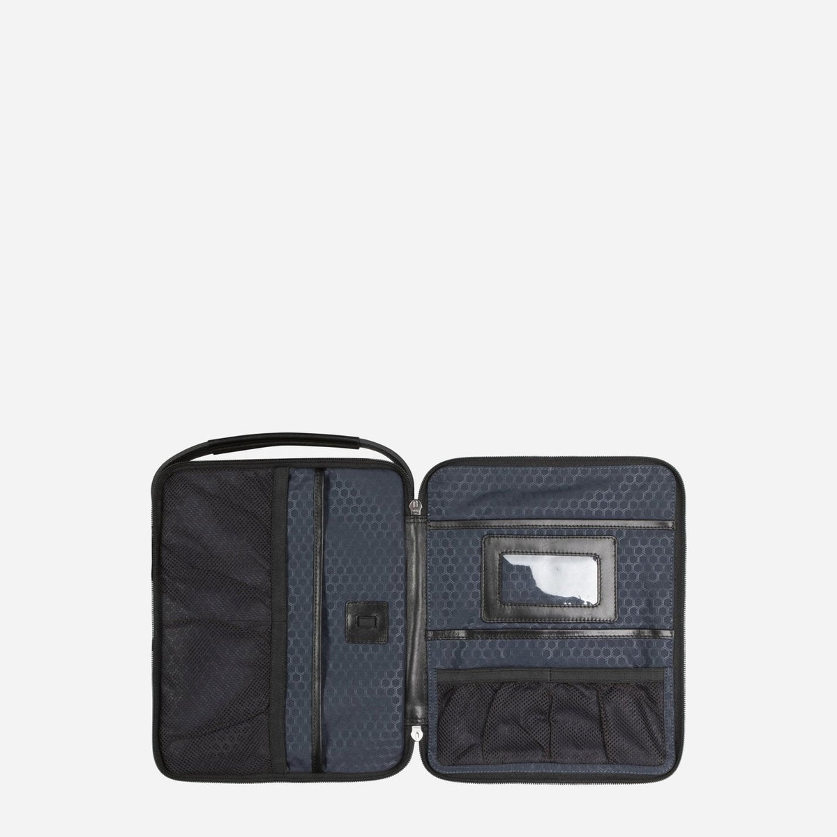 Black Crossbody Organiser opened flat, showing an ID window and navy lined organiser pockets