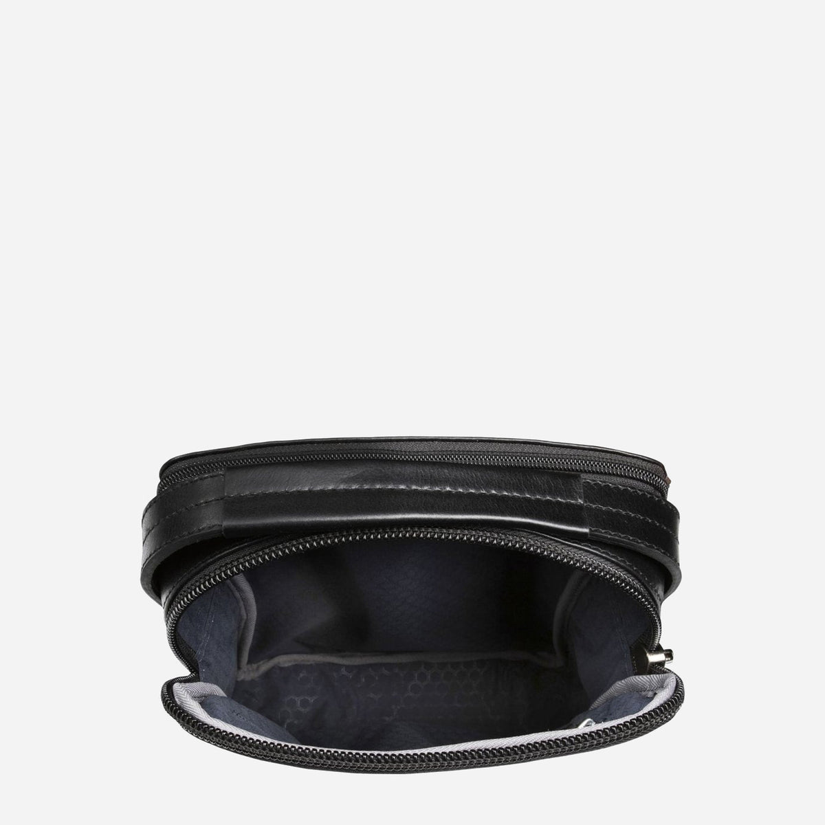 Black leather Crossbody Organiser unzipped from above, showing the navy lined interior