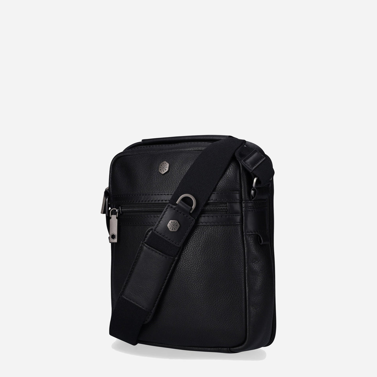 Three-quarter view of the black leather Crossbody Organiser with shoulder strap