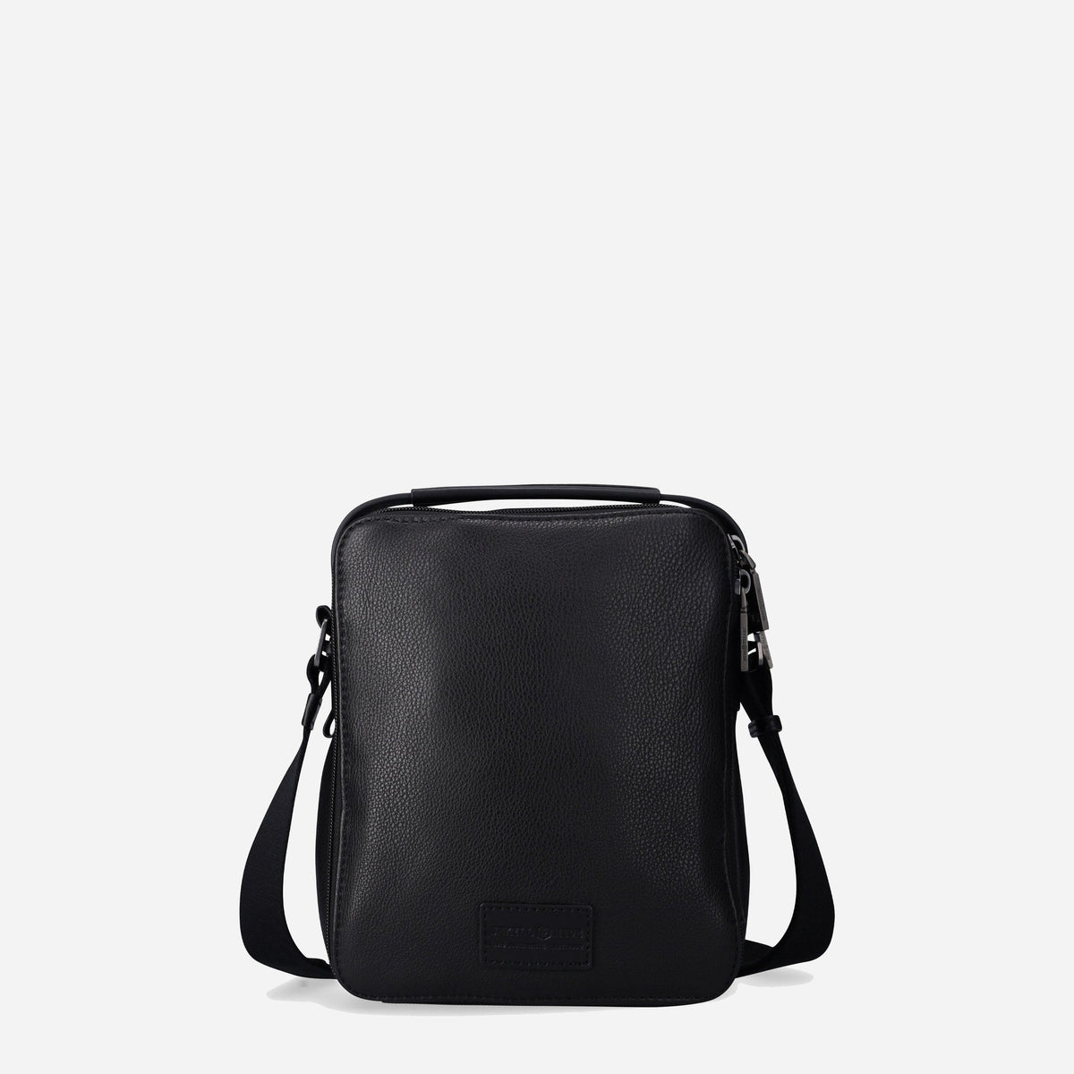 Back of the black leather Crossbody Organiser with debossed plaque