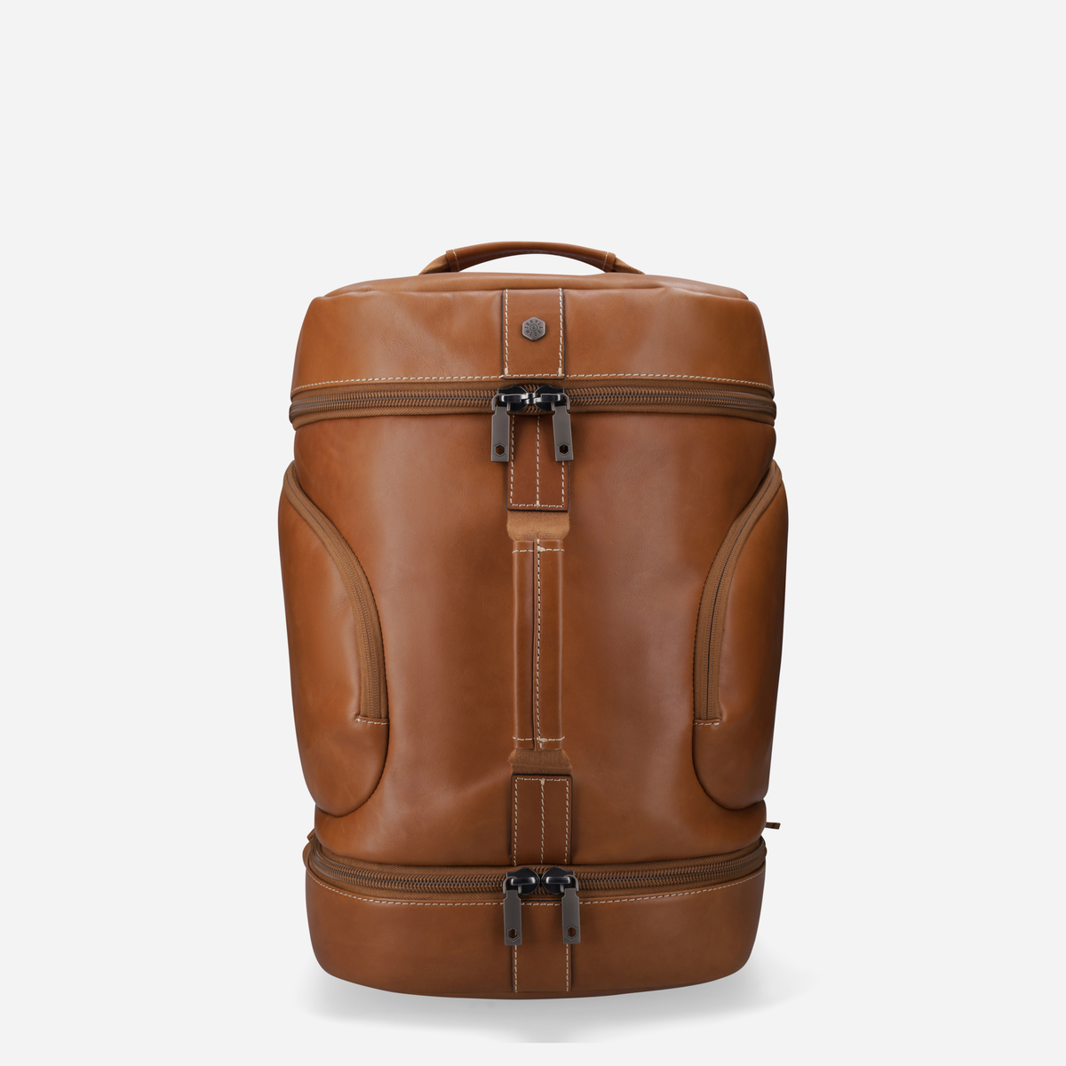 Tan leather travel backpack, front view with top handle