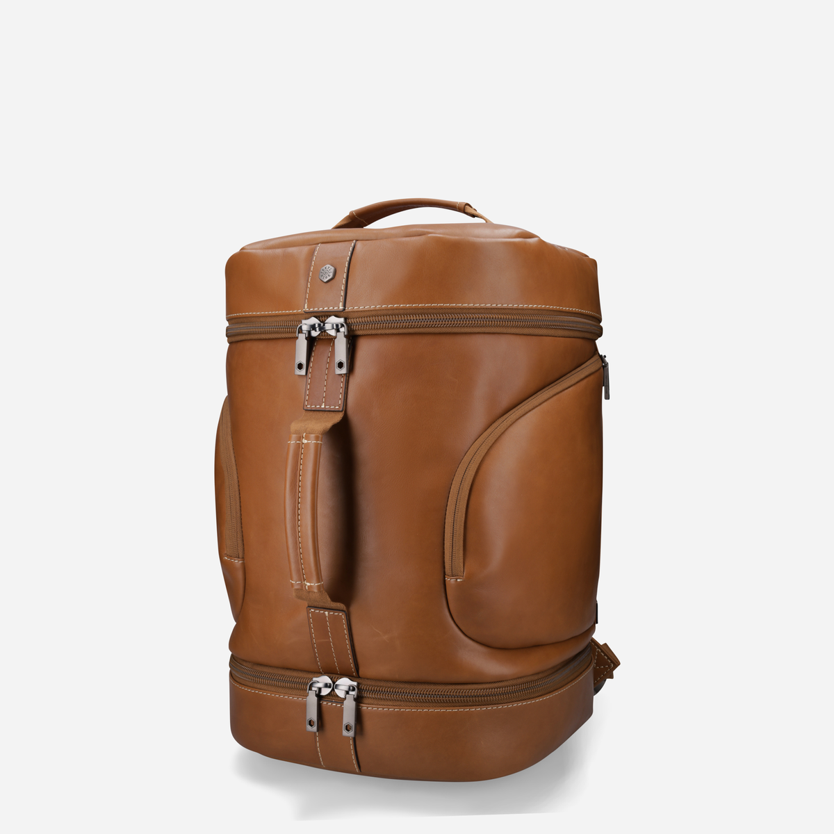 Tan leather travel backpack, side view with front pocket
