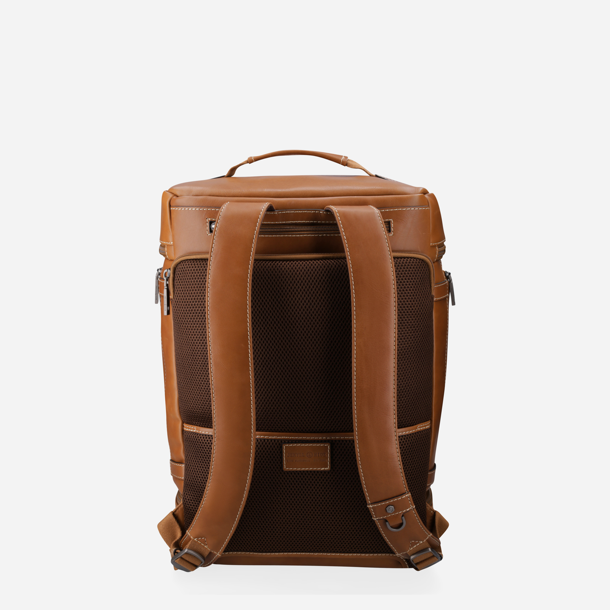 Back of the tan leather travel backpack showing padded straps