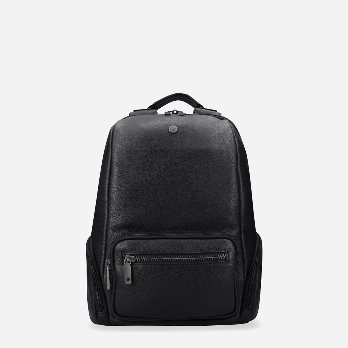 Black leather city backpack, front view with zip pocket