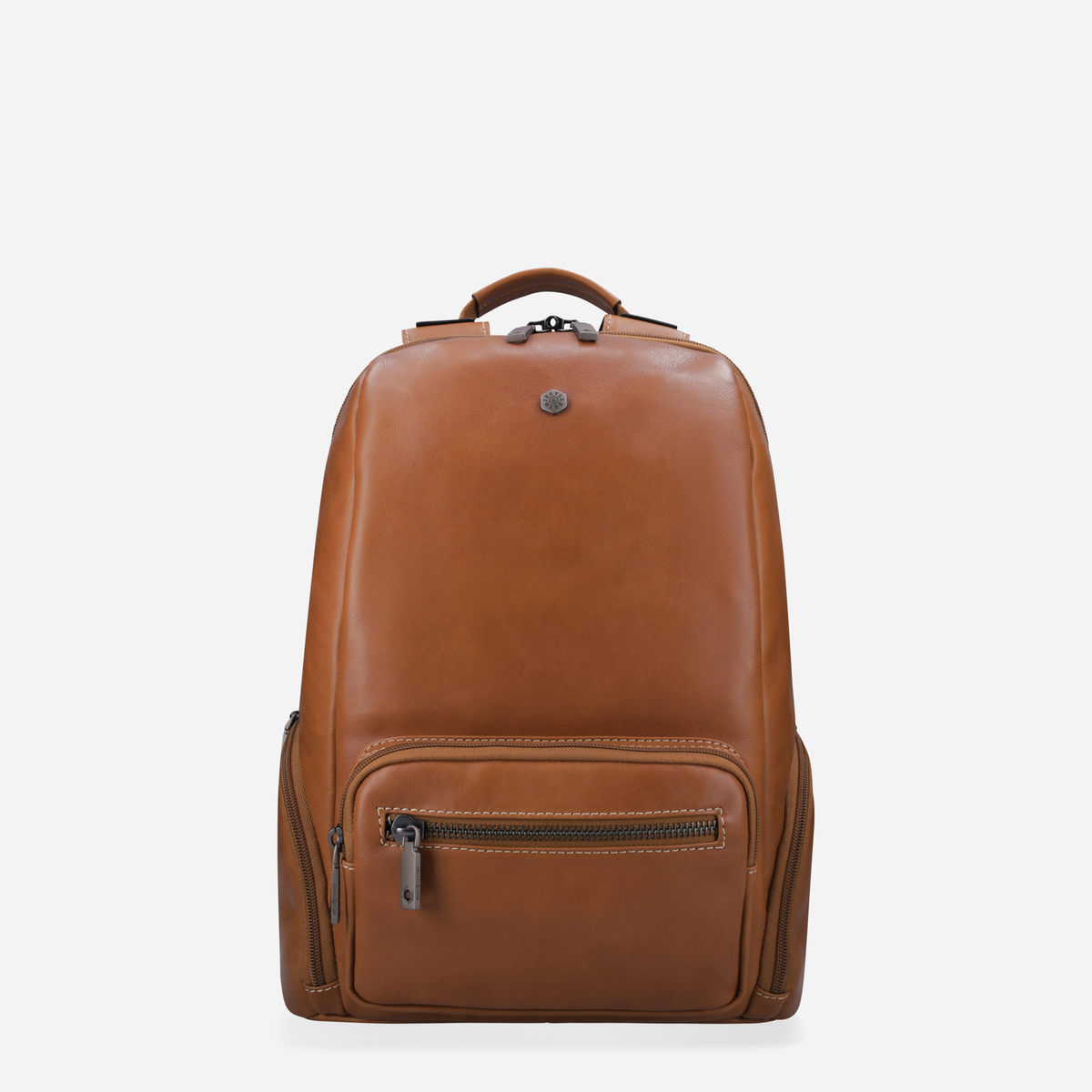 Tan leather city backpack, front view with zip pocket