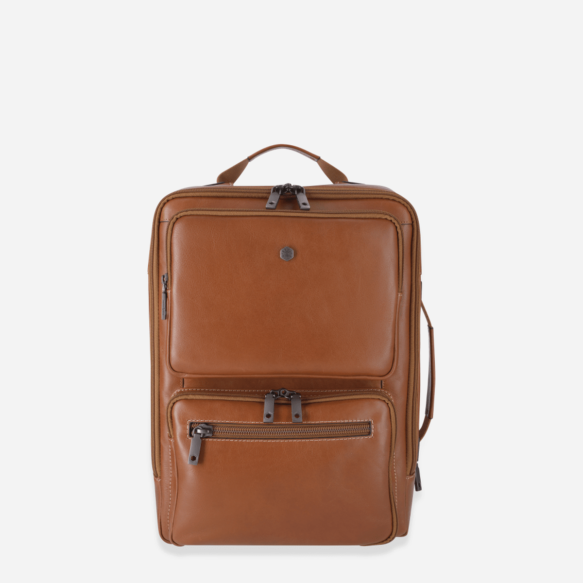 Tan leather travel backpack, front view with zip pocket