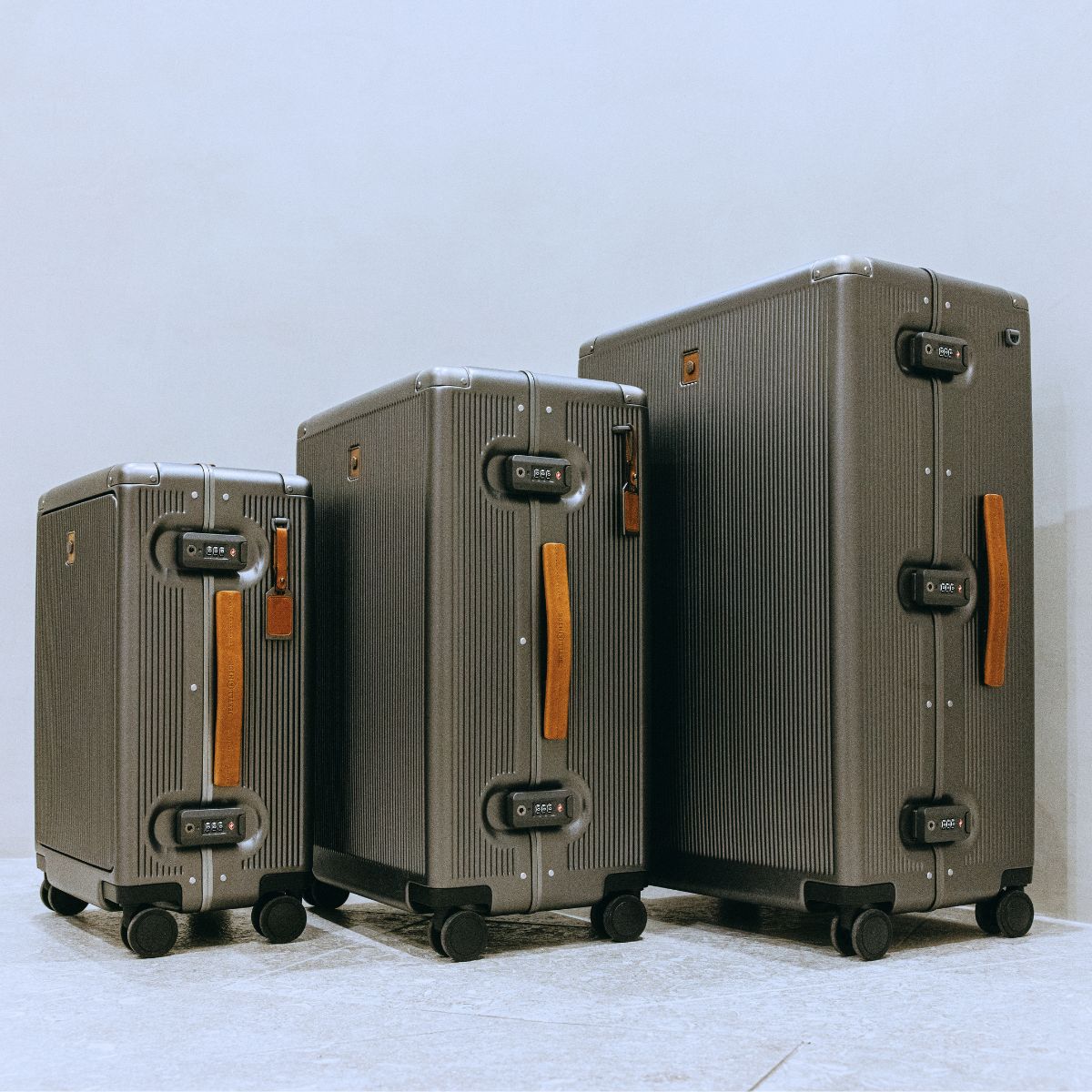 Carry-On, Medium Check-In and Large Check-In suitcases lined up together