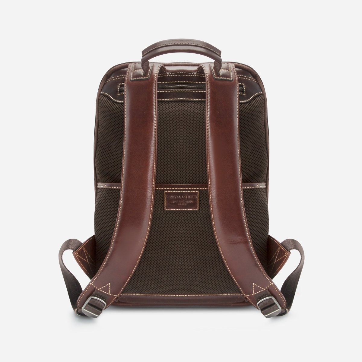 Back view of the dark brown leather laptop backpack showing the padded mesh straps – Jekyll & Hide