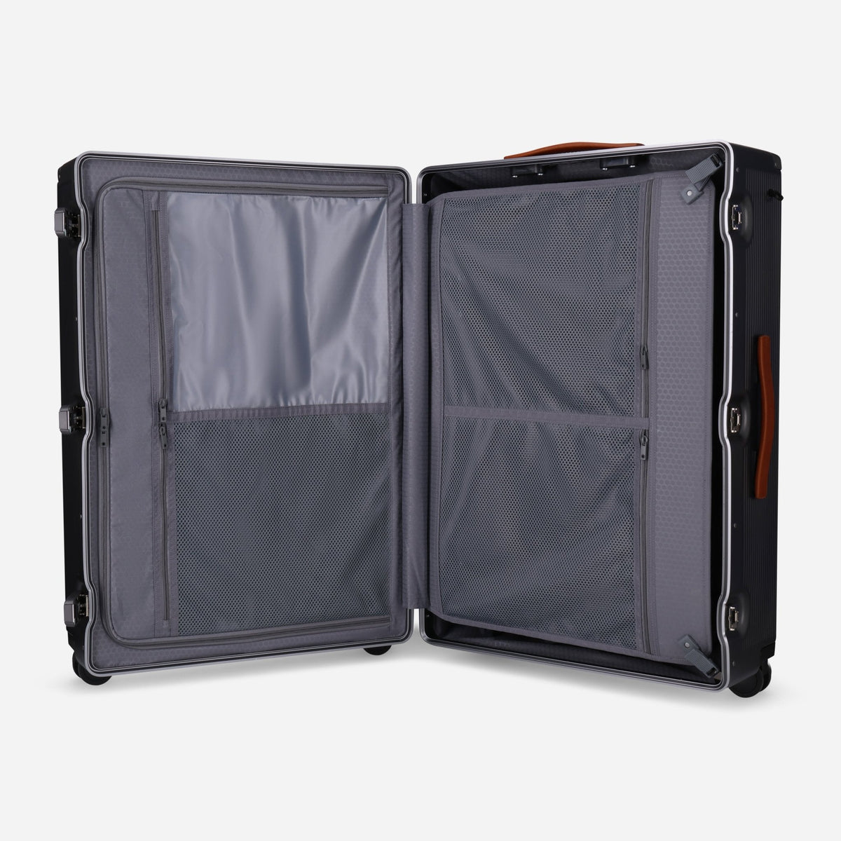 Large Check-In suitcase opened flat, showing the grey lined compartments and zip pockets